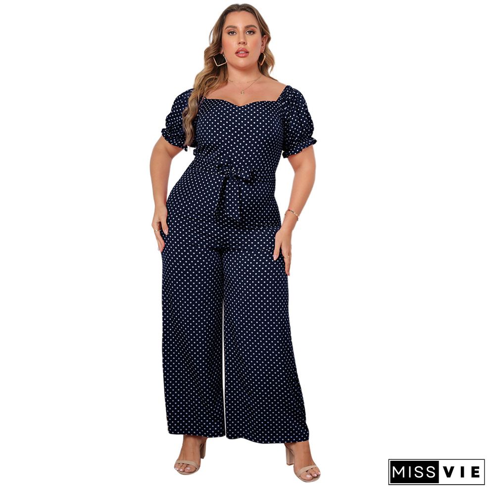 Dot Print Short Sleeve Slash Neck Wide Leg Jumpsuit