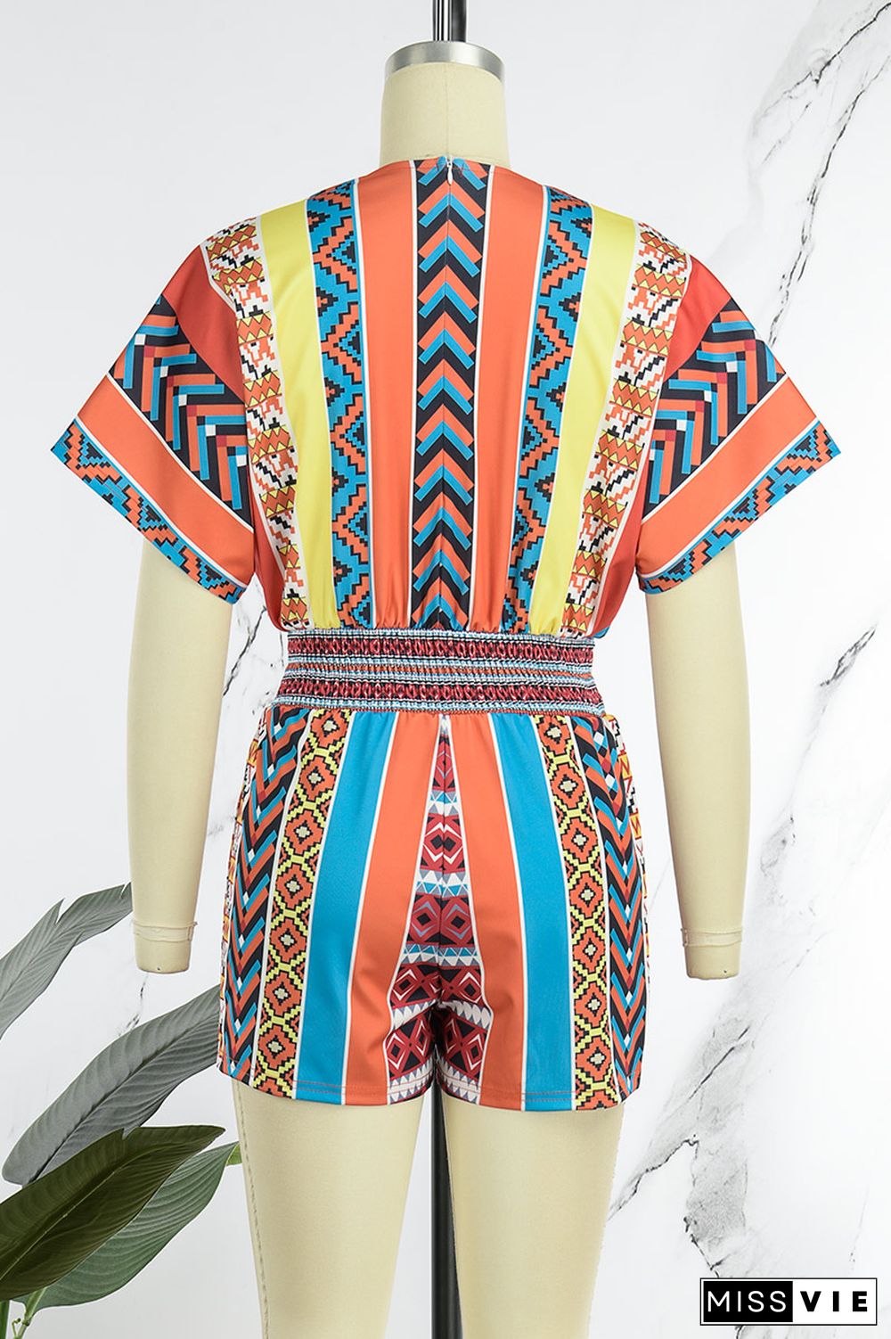 Colour Casual Print Patchwork V Neck Straight Rompers