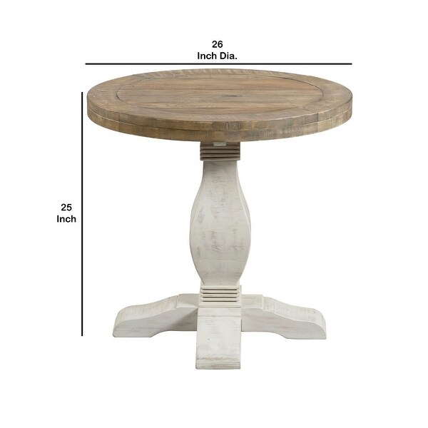 26 Inch Round End Table with Pedestal Base， Brown and White