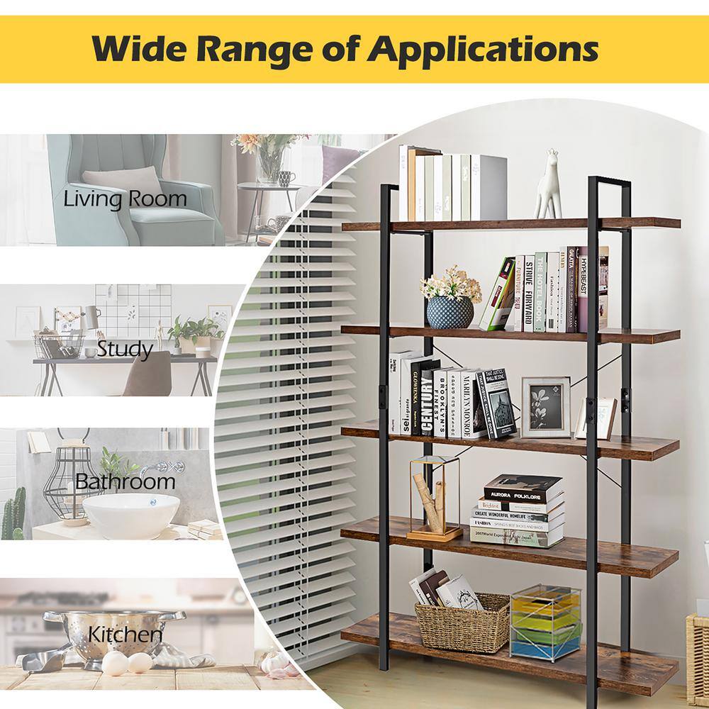 Costway 70 in. Brown Wood 5 -Shelf Standard Bookcase with Anti-tip Device HW65815CF