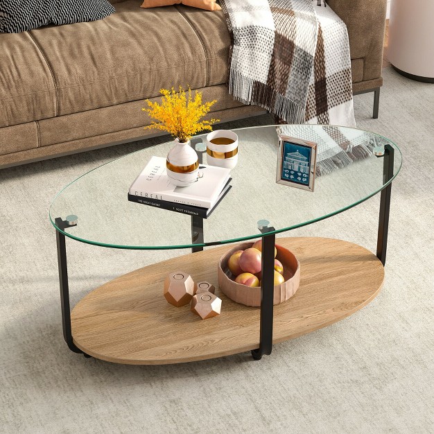 Costway Glass top Coffee Table 2 tier Modern Oval Side Sofa Table W Storage Shelf