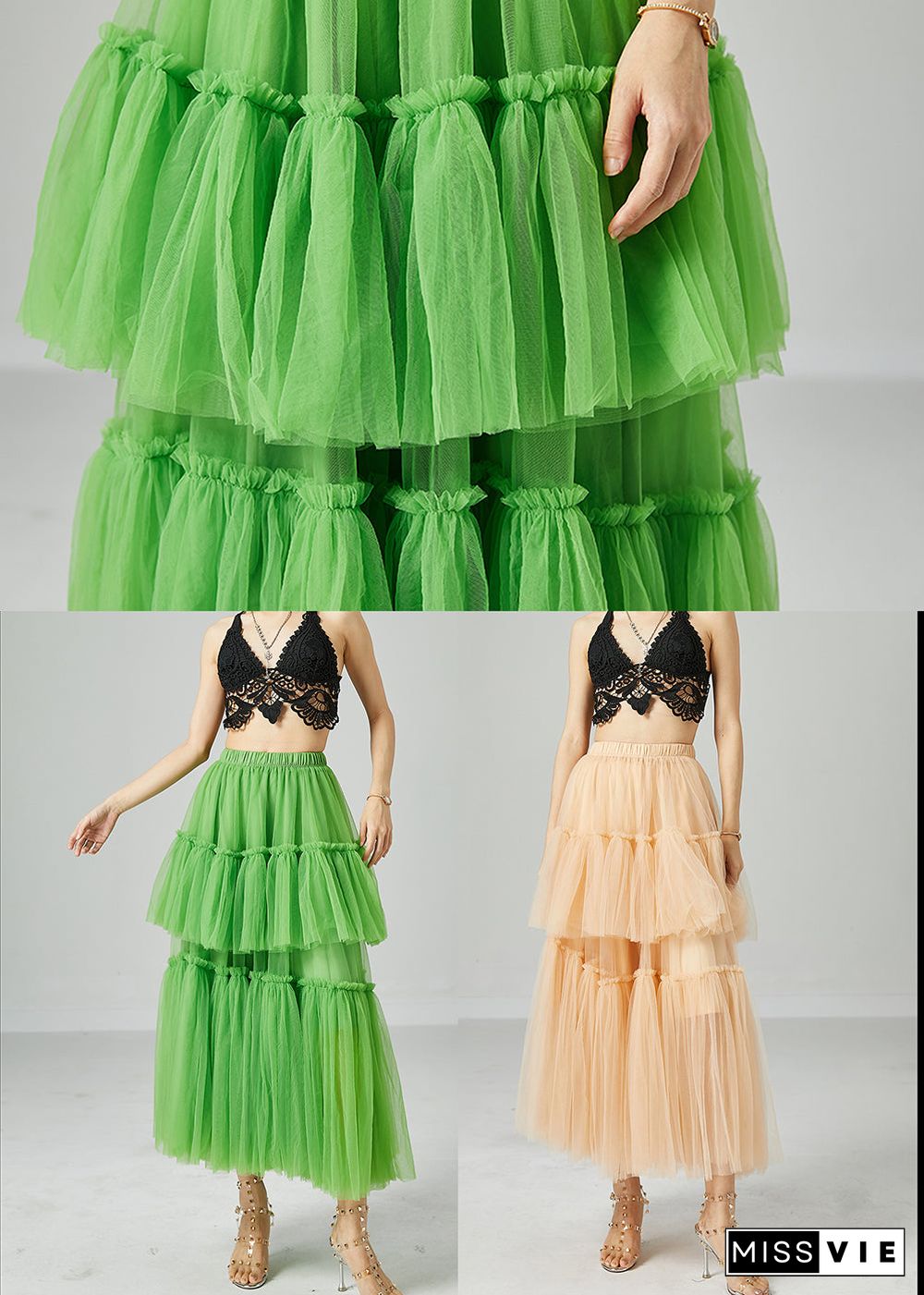 Boho Green Elastic Waist Patchwork Wrinkled Tulle Skirts Summer