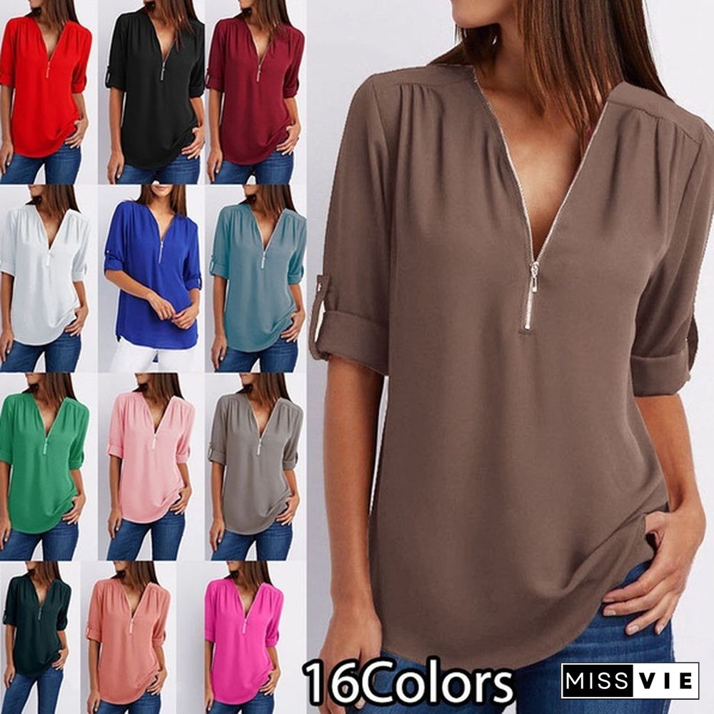 Plus Size Women's Fashion Chiffon Shirt V-neck Long Sleeve Loose Tops Zipper T-Shirt( S-4XL)