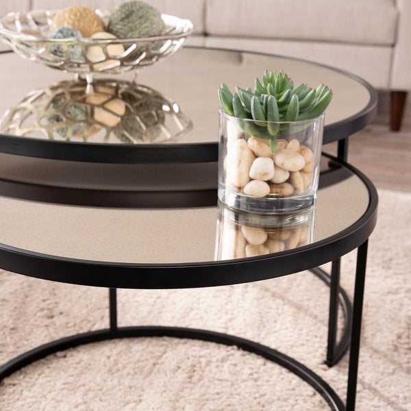 2pc Black Round Nesting Glass Top Cocktail Table Set 32