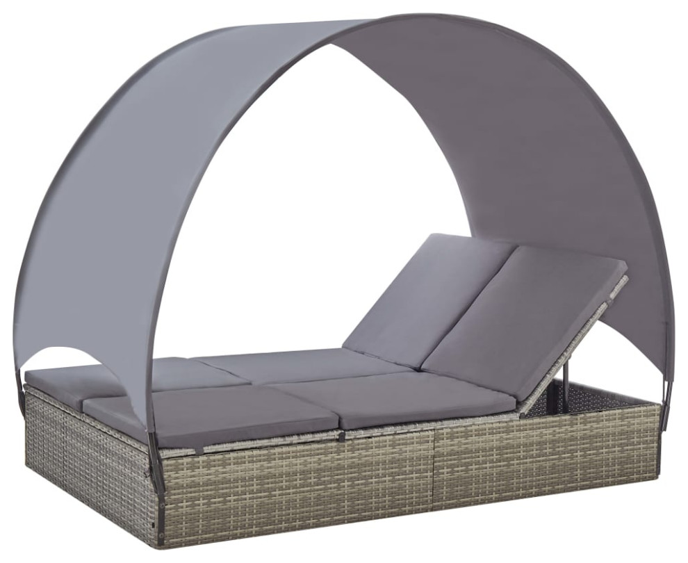 vidaXL Double Sun Lounger Patio Rattan Daybed with Canopy Poly Rattan Gray   Tropical   Outdoor Chaise Lounges   by vidaXL LLC  Houzz