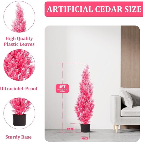 Set of 2，4Foot Pink Artificial Cedar Trees，UV Resistant Shrubs