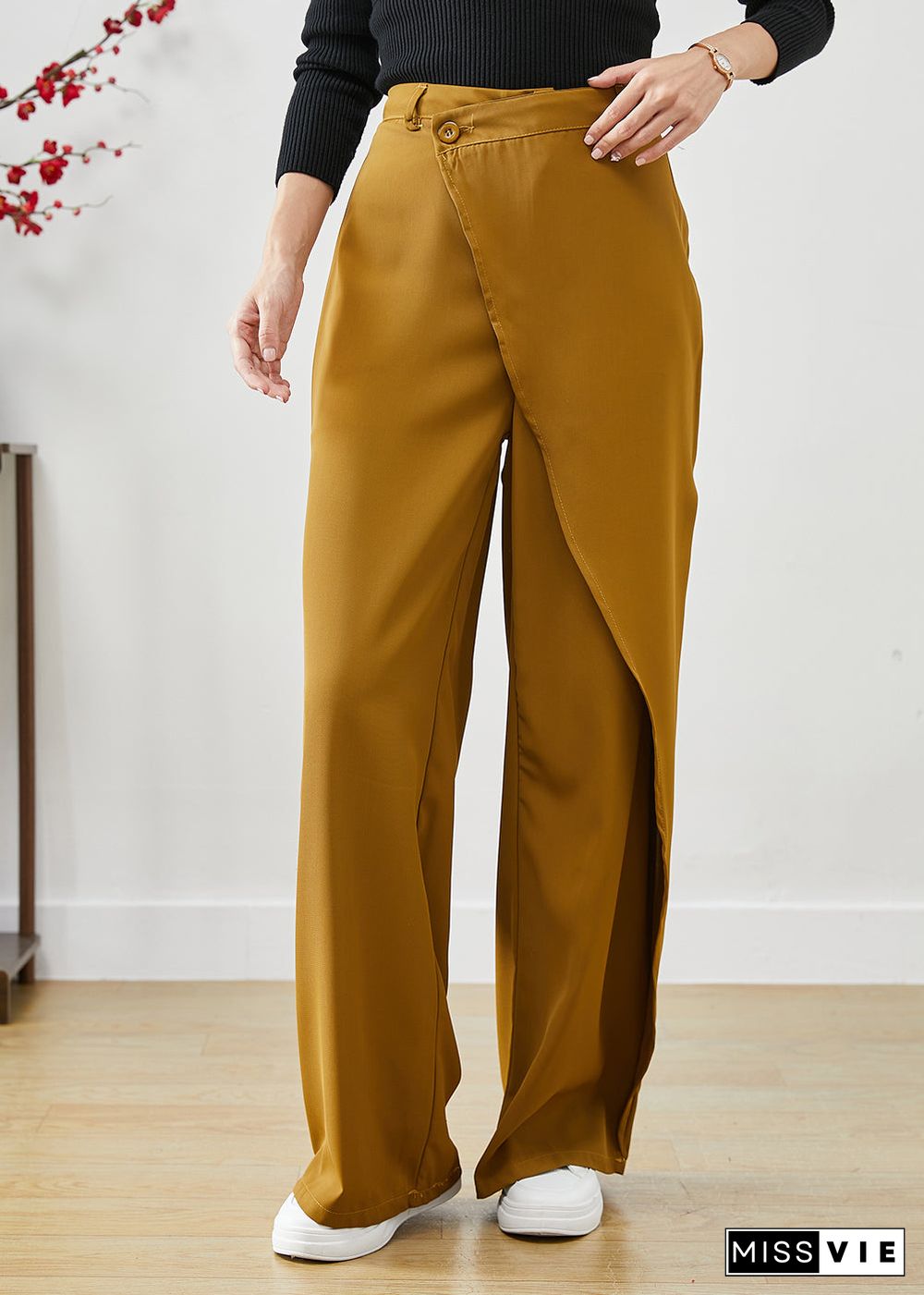 Yellow Draping Spandex Pants Asymmetrical High Waist Fall