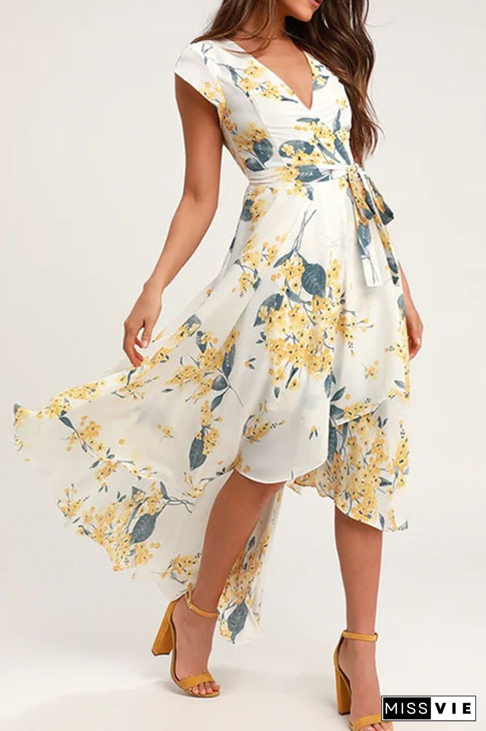 Elegant Floral Frenulum With Belt Irregular Dress Dresses(3 Colors)