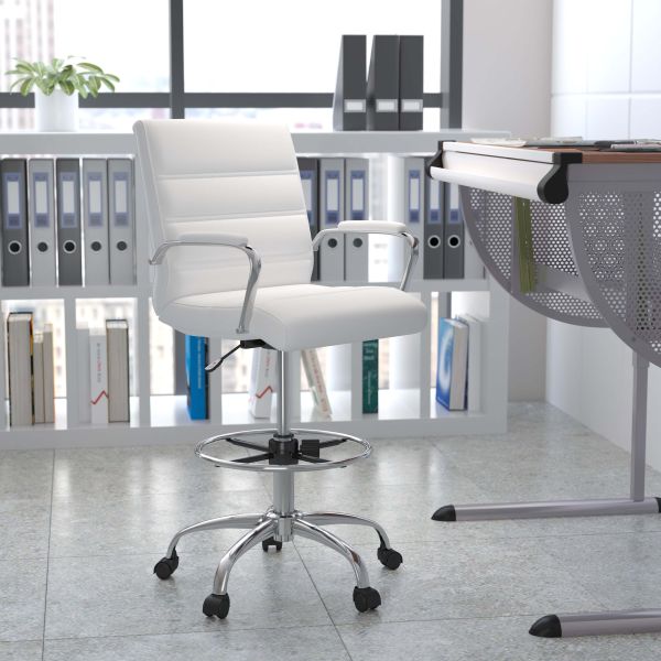 Whitney Mid-Back White LeatherSoft Drafting Chair with Adjustable Foot Ring and Chrome Base