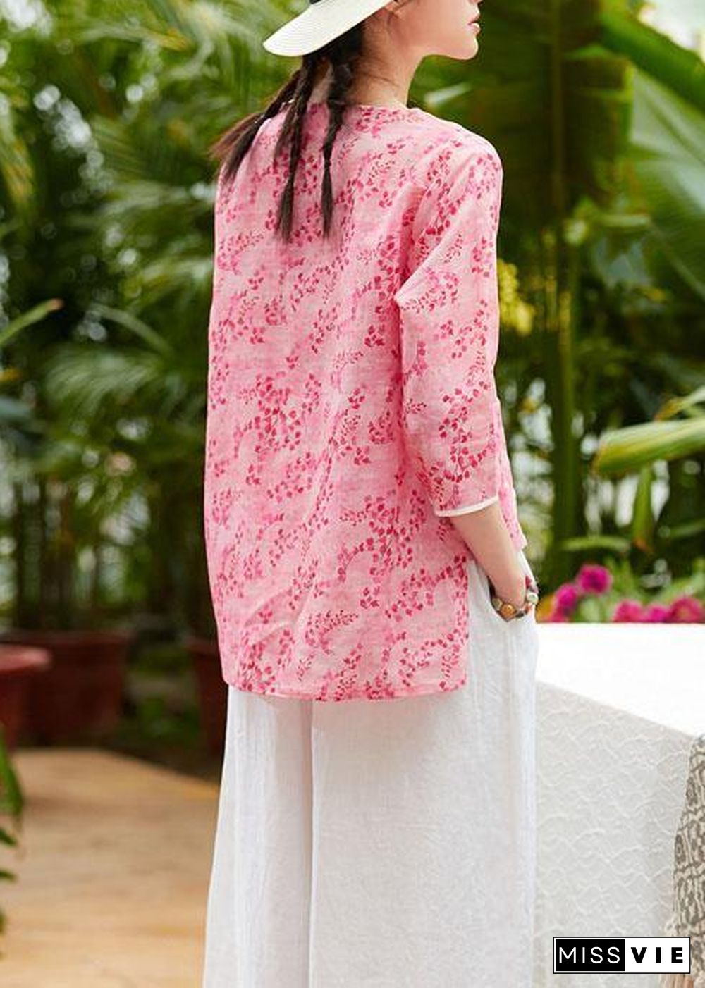 Unique v neck asymmetric linen tops women Shirts pink print blouses summer