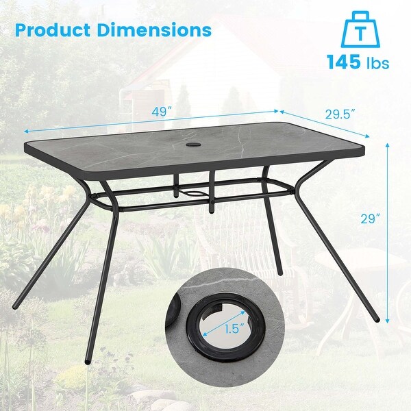 Patio Rectangle Dining Table Outdoor Metal Table w/ Umbrella Hole