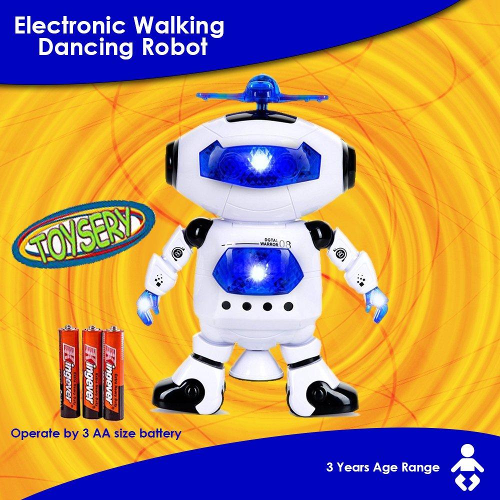 Toysery walking Robot for kids - 360° Body Spinning Dancing Robot Toy with LED Lights Flashing and Music， electronic learning toy robot