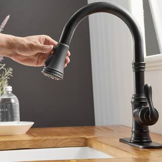 BWE Single-Handle Pull-Down Sprayer 3 Spray High Arc Kitchen Faucet With Deck Plate in Matte Black A-94551-Black