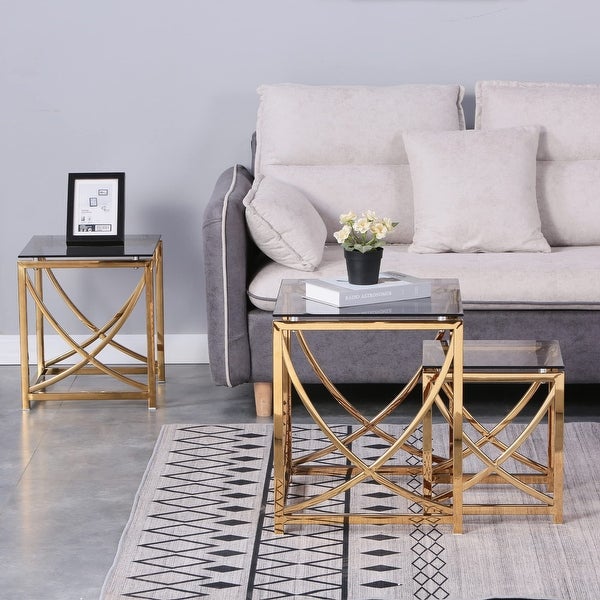 Small Coffee Table Set of 3， Nesting End Table 3 Pieces Side Tables Coffee Tables w/ Gray Tempered Glass and Gold - as picture