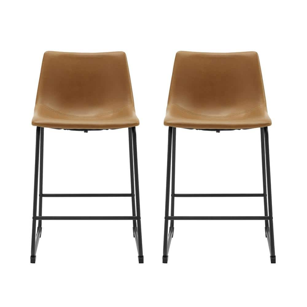 Walker Edison Furniture Company Wasatch 24 in. Whiskey Brown Low Back Metal Frame Counter Height Bar Stool with Faux Leather Seat (Set of 2) HDHL26WB