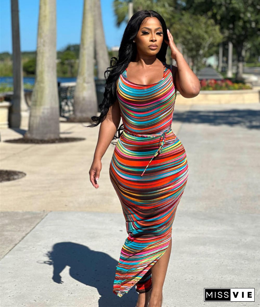 Striped Print Sleeveless Side Slit Maxi Dresses