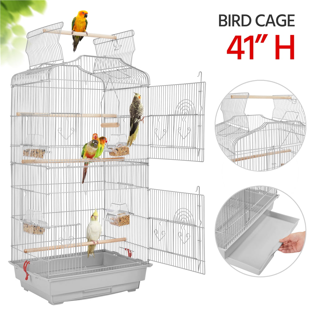 Yaheetech 41''H Open Top Metal Bird Cage Large Parrot Cage with Double Door Design Slide-out Tray Four Feeders， Light Gray