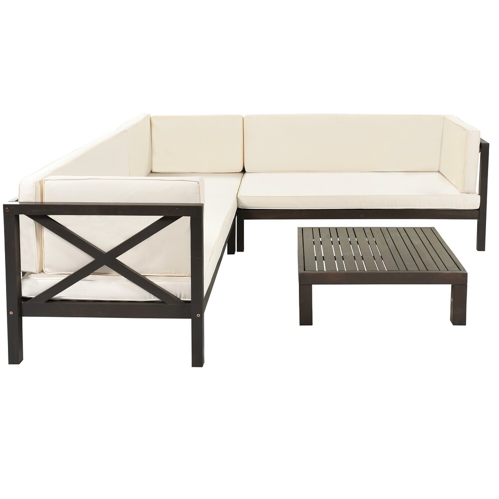 Outdoor Wood Patio Backyard 4 Piece Sectional Seating Group with Cushions and Table X Back Sofa Set for Small Places