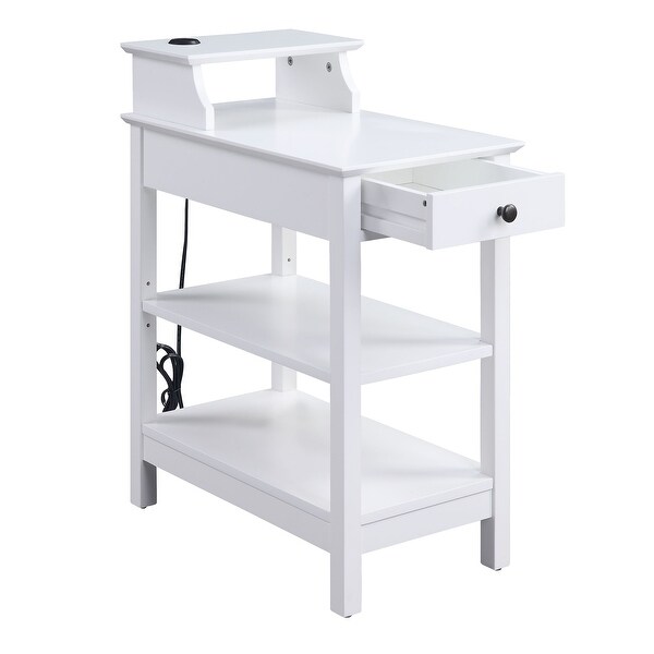 Wooden Frame Side Table with 3 Open Compartments and 1 Drawer， White - 28 H x 22 W x 13 L