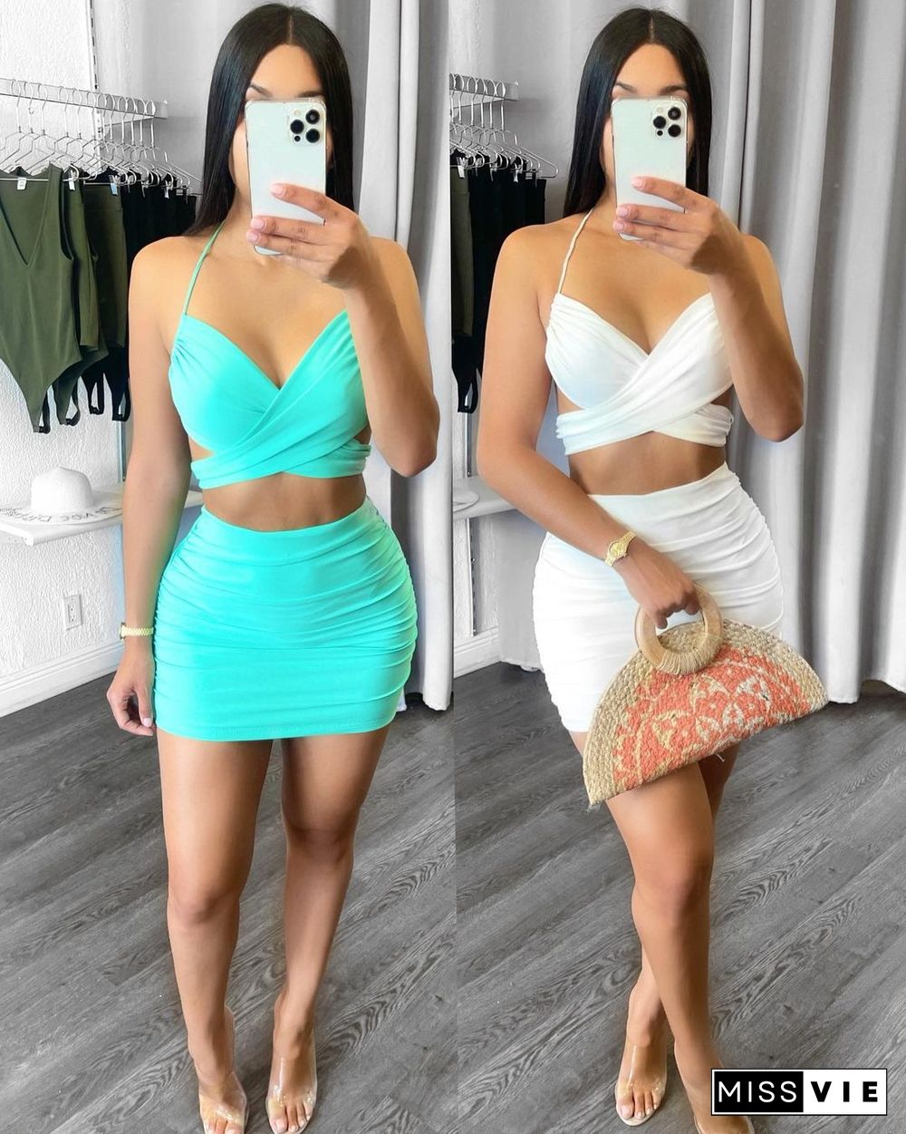 Sexy Solid Color Criss Cross Bandage Halter Crop Top Pleated Ruched Skirt Elegant Women Two Piece Set