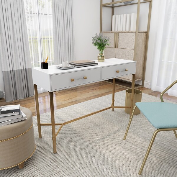 White Wood Glam Modern Contemporary 2 Drawer Desk Console Table - 47 x 15 x 31