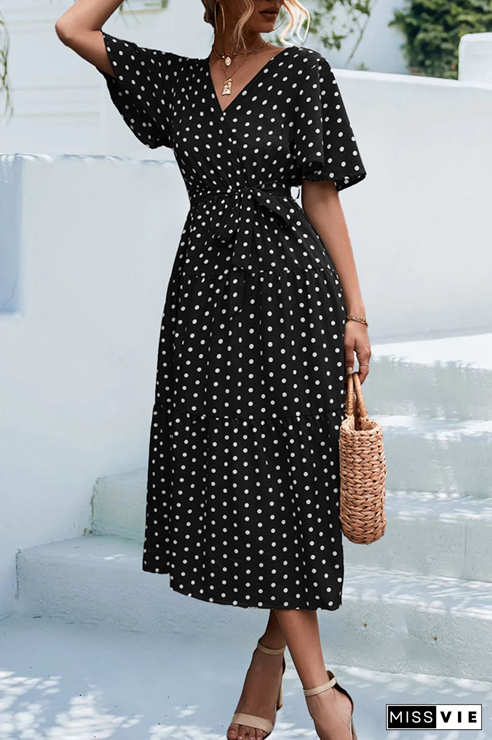 Polkadot V Neck Waist Tie Tiered Ruffle Dress