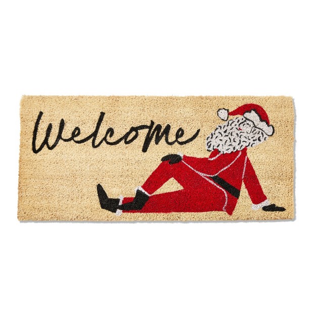 Welcome Sentiment Posing Santa Rectangle Indoor Outdoor Estate Coir Door Mat Multicolored On Brown Background