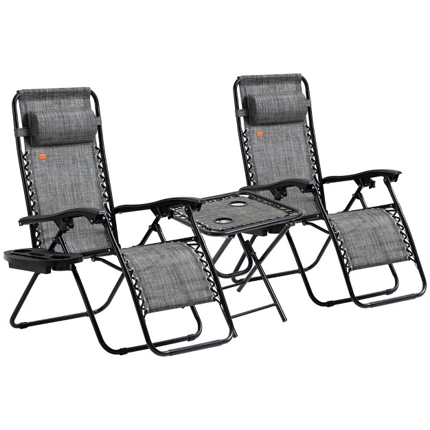 Outsunny Zero Gravity Chaise Lounger Chair 3 piece Set Folding Reclining Patio Chair With Side Table Cup Holder And Headrest For Poolside Or Camping