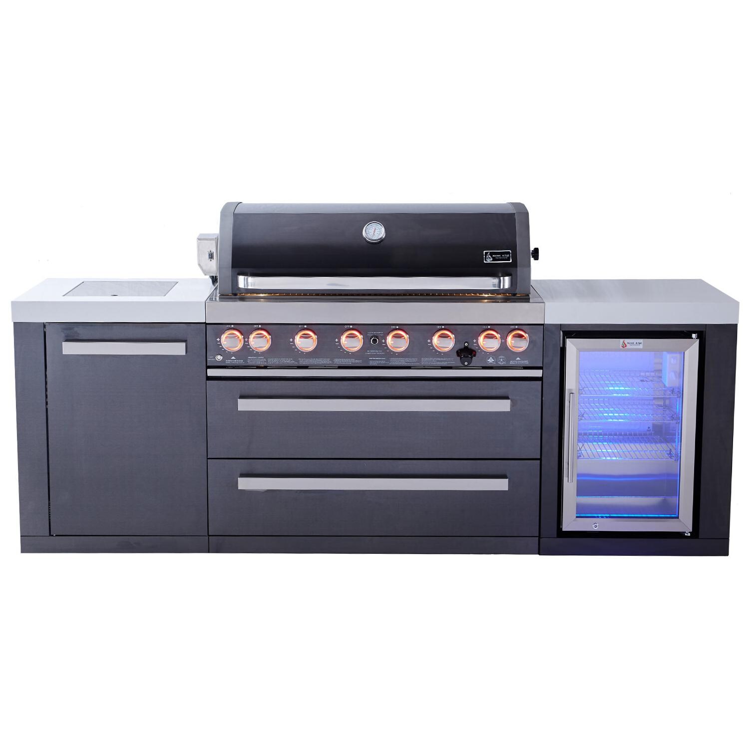 Mont Alpi 805 Deluxe Propane Gas Island Grill W/ Refrigerator， Infrared Side Burner， and Rotisserie Kit