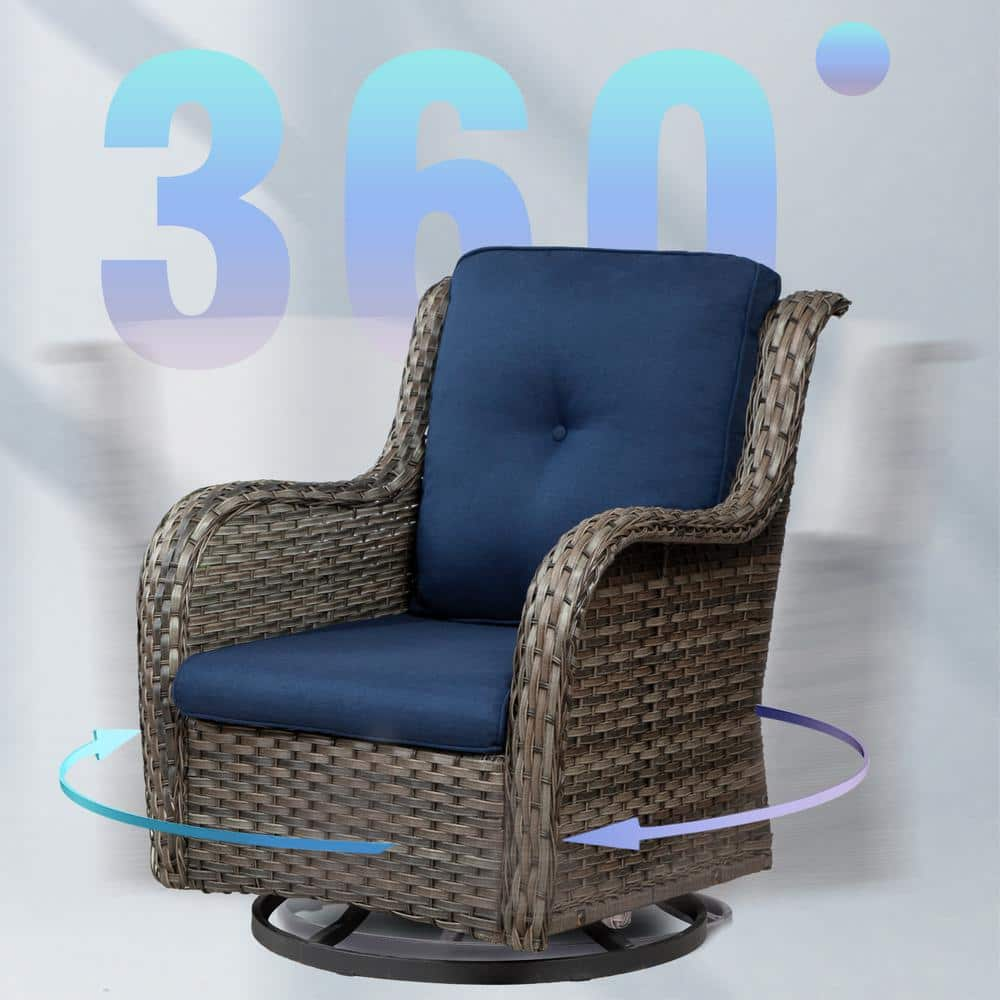 JOYSIDE 3Piece Wicker Patio Conversation Set with Blue Cushions AllWeather Swivel Rocking Chairs