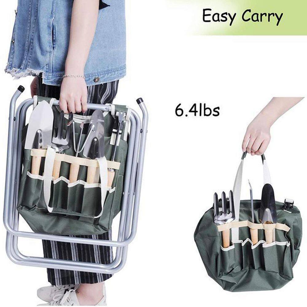 Cisvio 9-Piece Garden Tools Set Ergonomic Wooden Handle Sturdy Stool with Detachable Tool Kit Perfect for Garden D0102HPEE2V