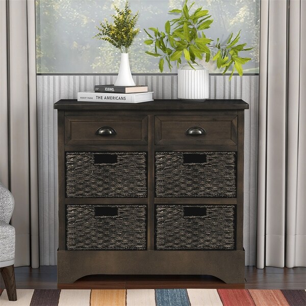 Wicker locker control table， two drawers and four classic rattan baskets