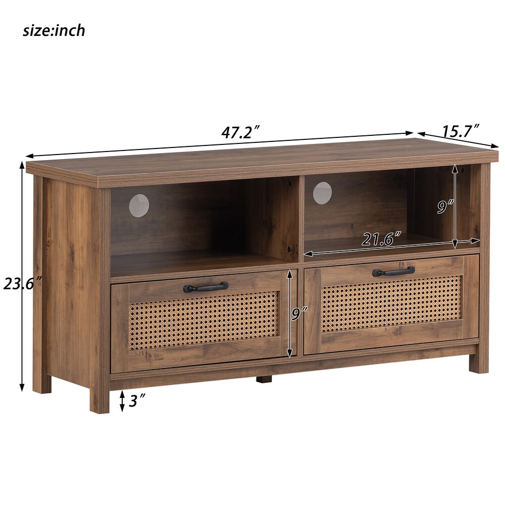 47''W Rattan Wood TV Stand Storage Cabinet Media Console for 55 inch TVs