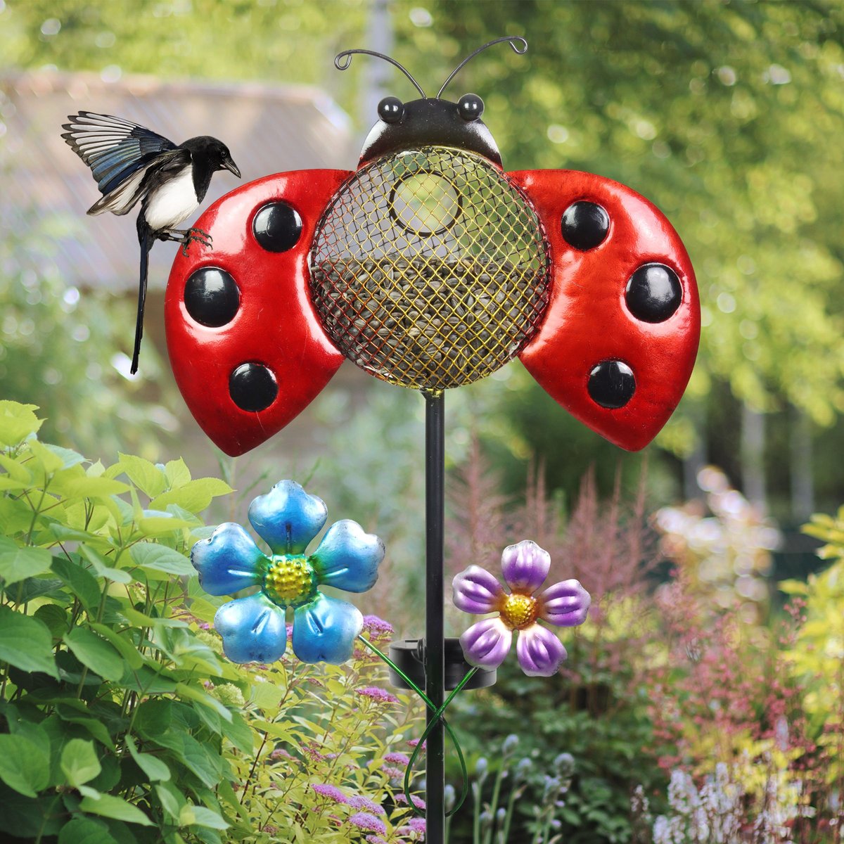 Exhart Solar Hand Painted Ladybug Metal Mesh Pellet Bird Feeder Garden Stake