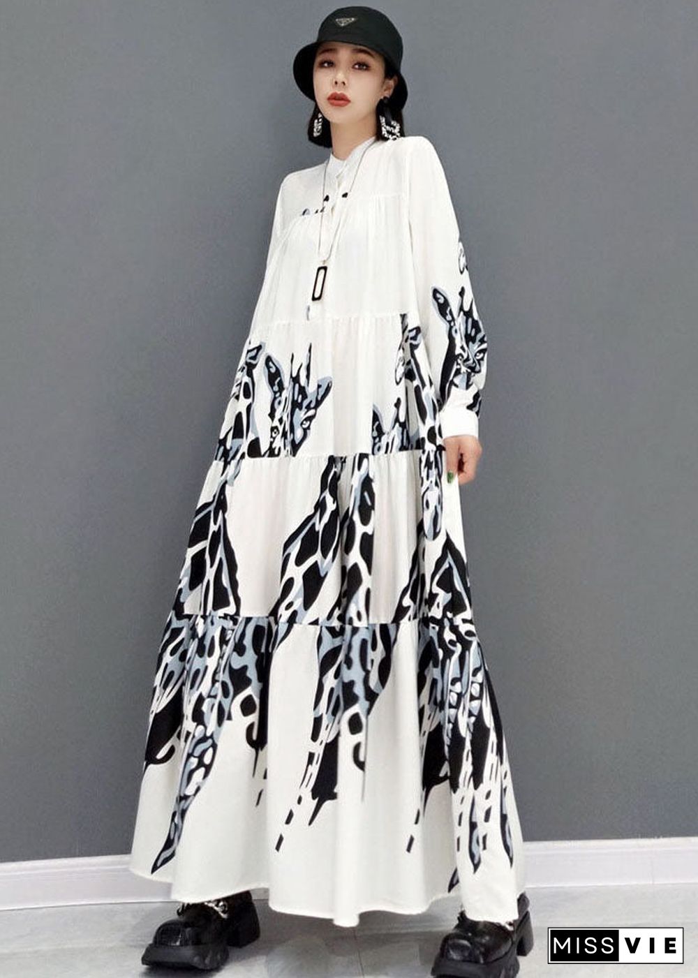 Plus Size White Stand Collar Print Pleated Long Dresses Long Sleeve