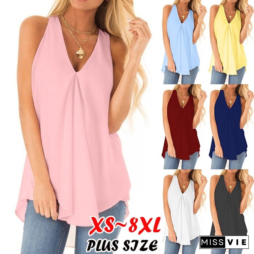 NEW Fashion Clothes Summer Women Casual Tops Loose V-neck T-shirt Solid Color Sleeveless Shirts Ladies Fashion Chiffon Pullover Tank Top Plus Size XS-8XL