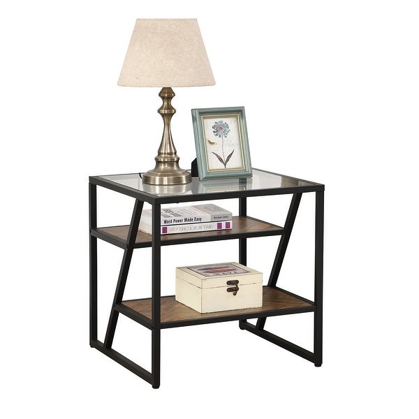 Grondin Mid-Century Modern Glass Wood Side Table with 3-Tier Staggered Shelves Farmhouse End Table with Tempered Glass Top