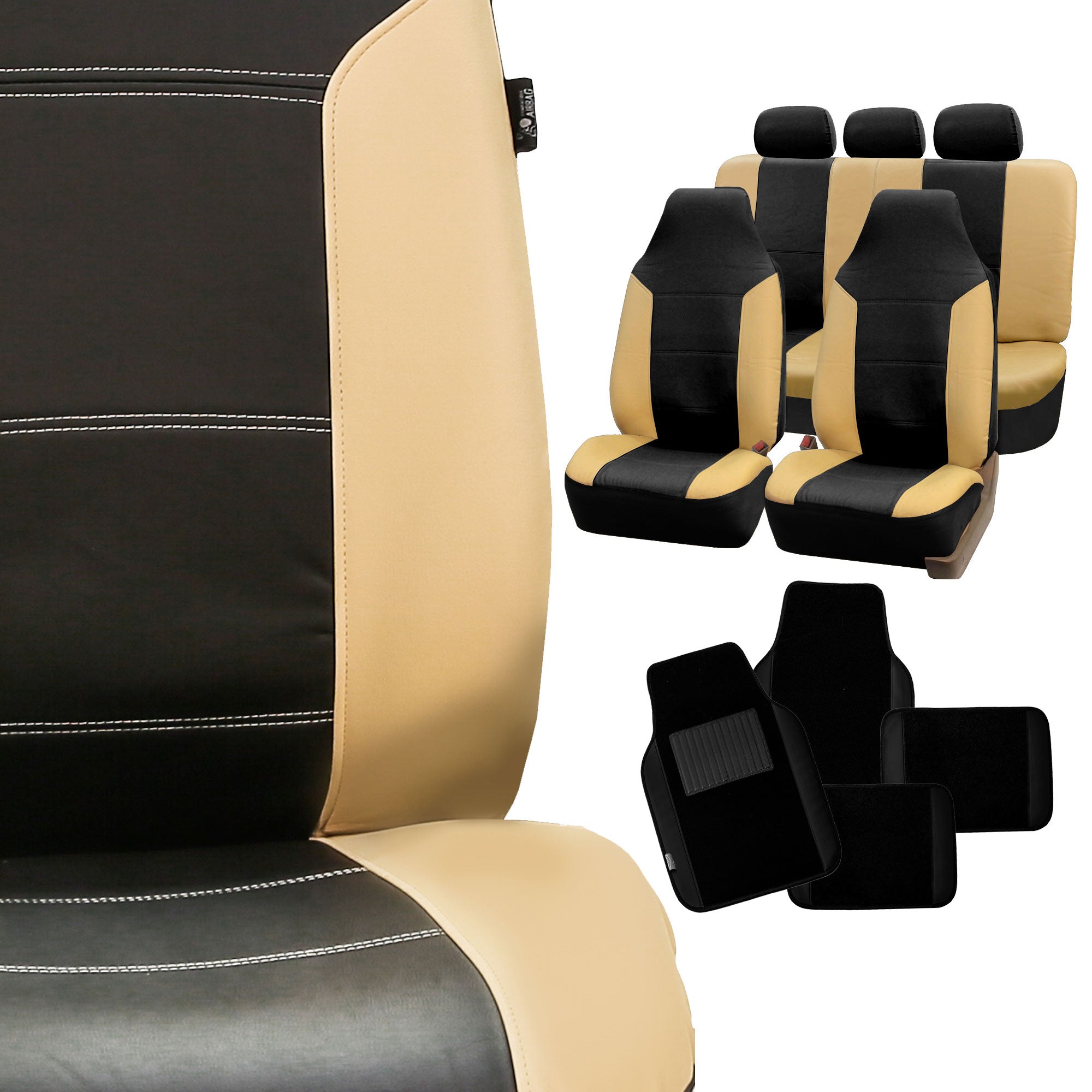 FH Group PU Leather Highback Royal PU Leather Seat Covers， Full Set with Carpet Floor Mats， Tan Black