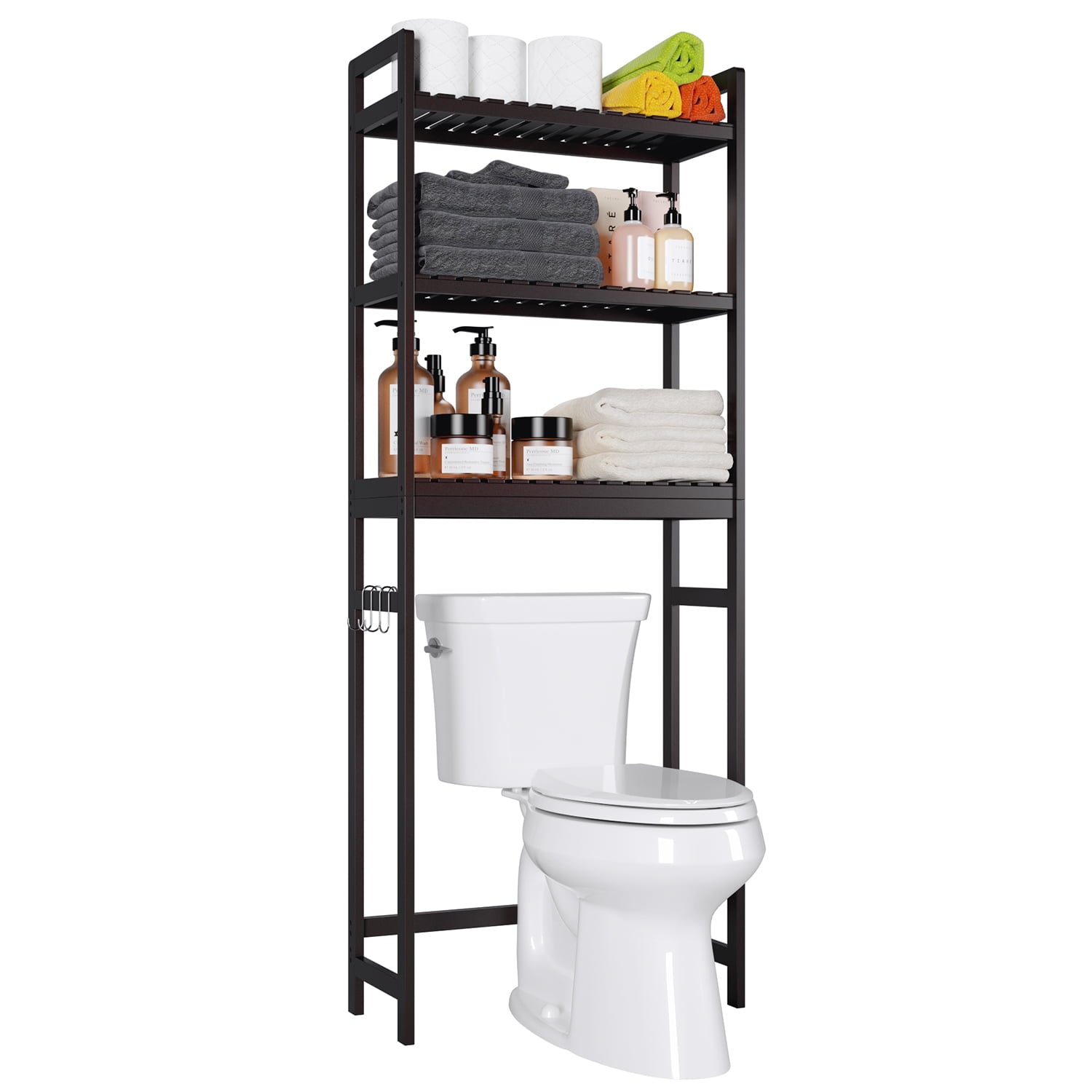 Homfa Bathroom over the Toilet Storage Shelf, 3-Tier Toilet Storage Rack Bathroom Cabinet Bamboo Organizer Unit, Retro Color