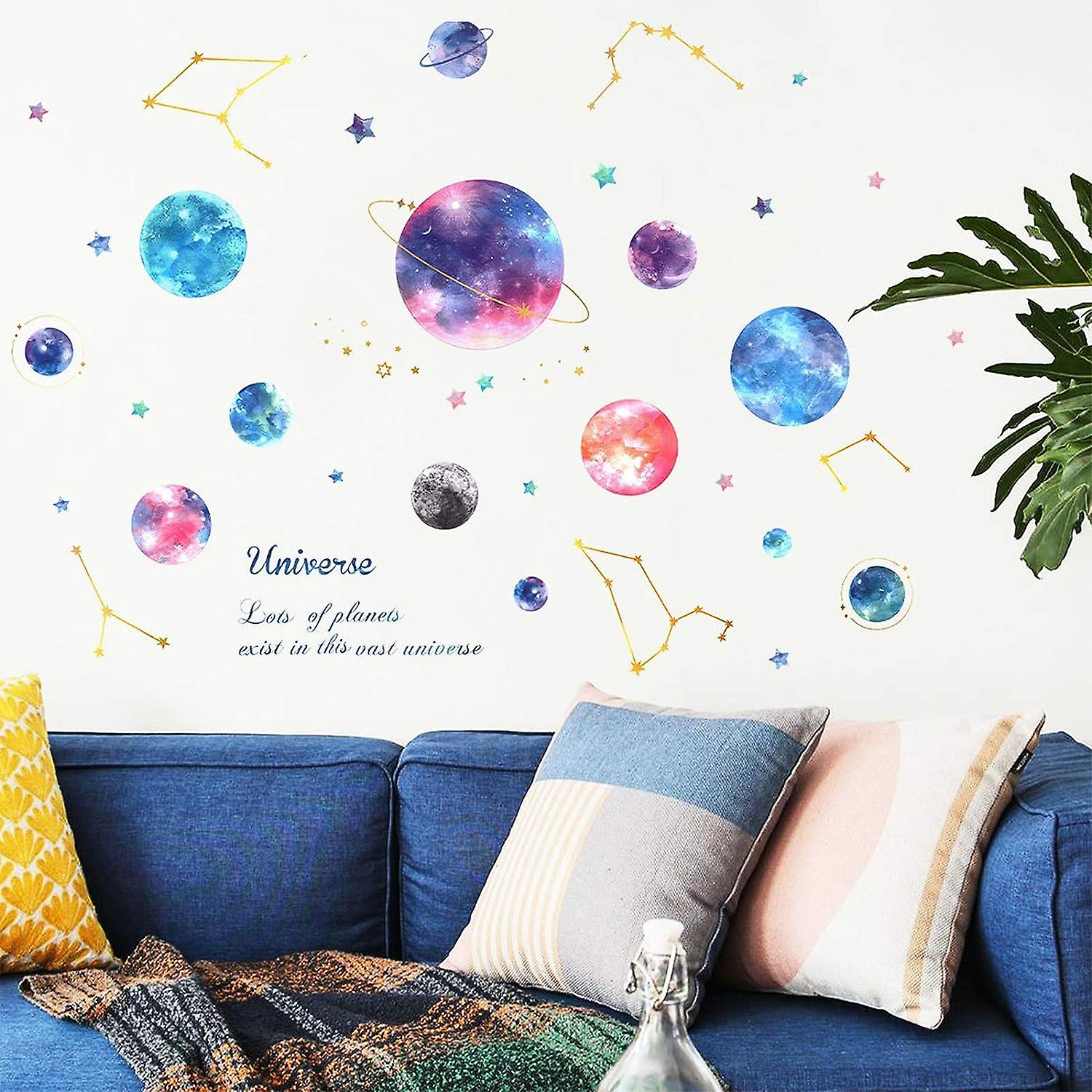 Planets In The Space Kids Wall Stickers Watercolor Space Planet Star Constellation Wall Decals， Peel And Stick Removable Diy Solar System Stickers Nur