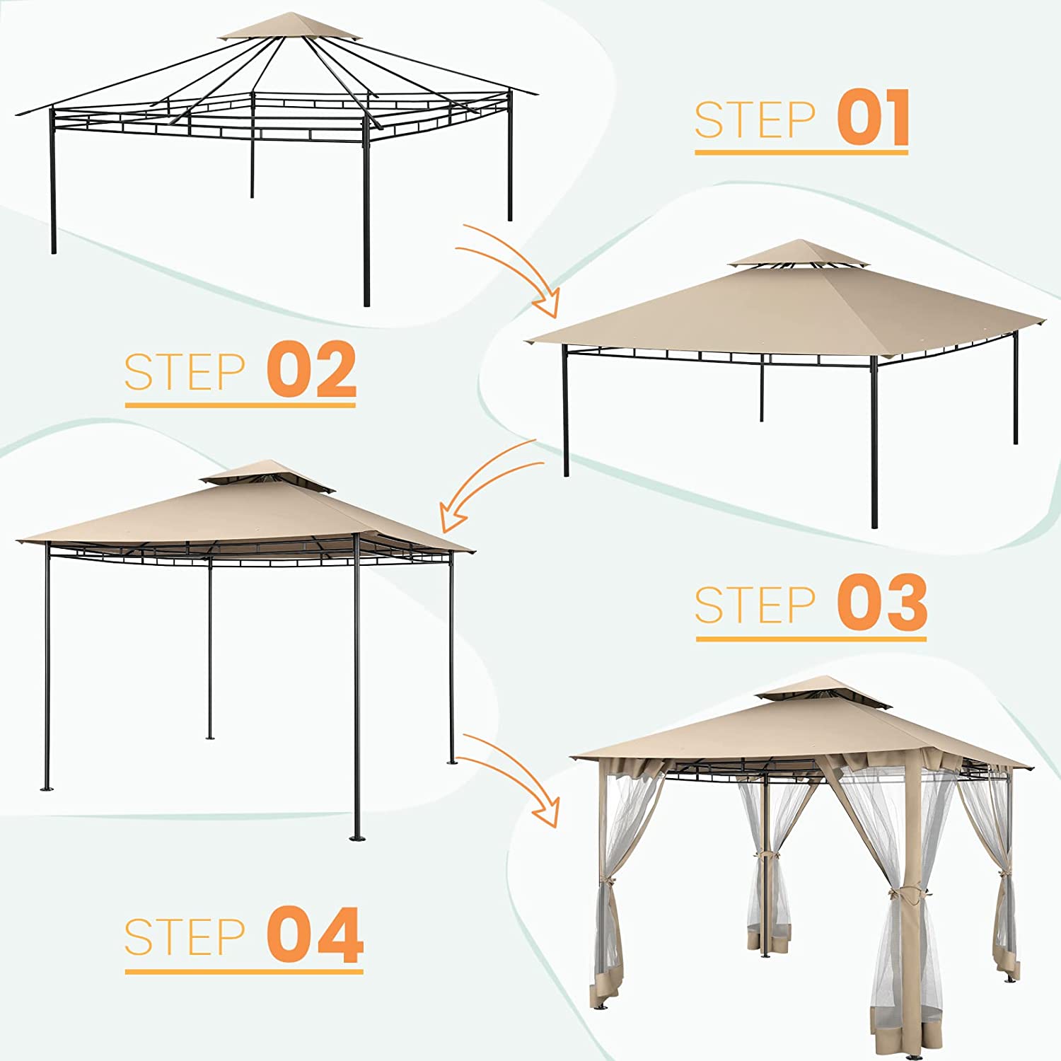 10 ' x 10 ' Gazebos for Patios, Gazebo Canopy with 4 Mosquito Netting, Rainproof & Sunscreen Shelter Tent with Double Eaves for Garden Backyard and Deck