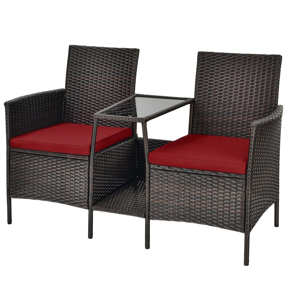 Patio Rattan Wicker Conversation Set Sofa Cushioned Loveseat Glass Table