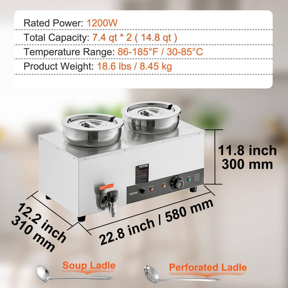 VEVOR Electric Soup Warmer Dual 7.4 qt. Stainless Steel Round Pot 86~185F Adjustable Temp 1200 Watt Commercial Bain Marie BW2274QT1200WGG9TV1