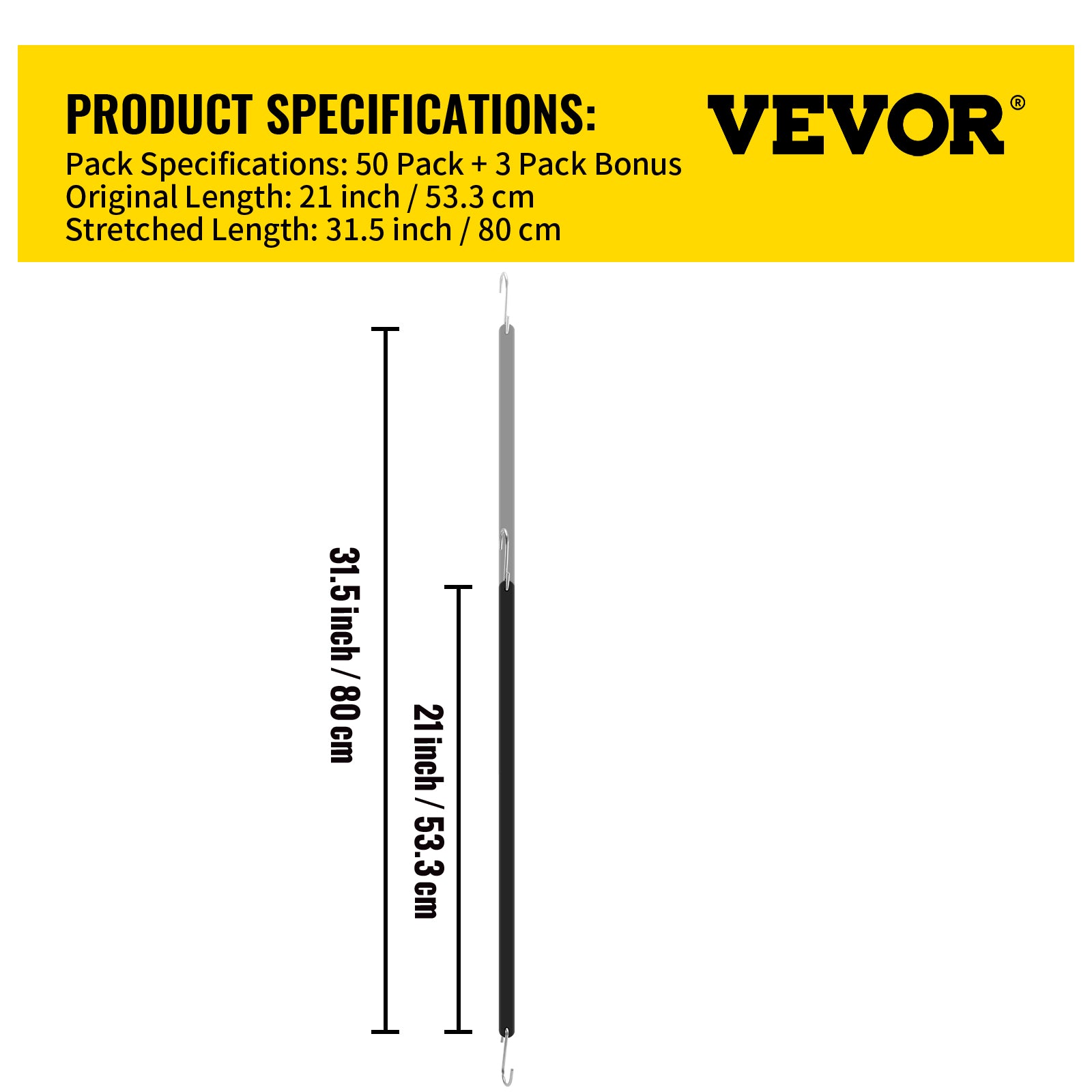 VEVOR Rubber Bungee Cords, 53 Pack 21" Long, Weatherproof Natural Rubber Tie Down Straps with Crimped S Hooks, Heavy Duty Outdoor Tarp Straps for Securing Flatbed Trailers, Canvases, Cargo, and More