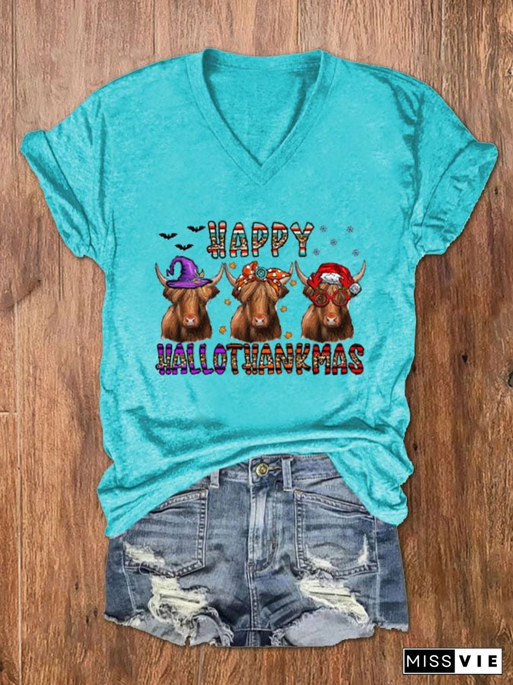 Women's Happy Hallothanksmas Funny Cows Print V-Neck T-Shirt