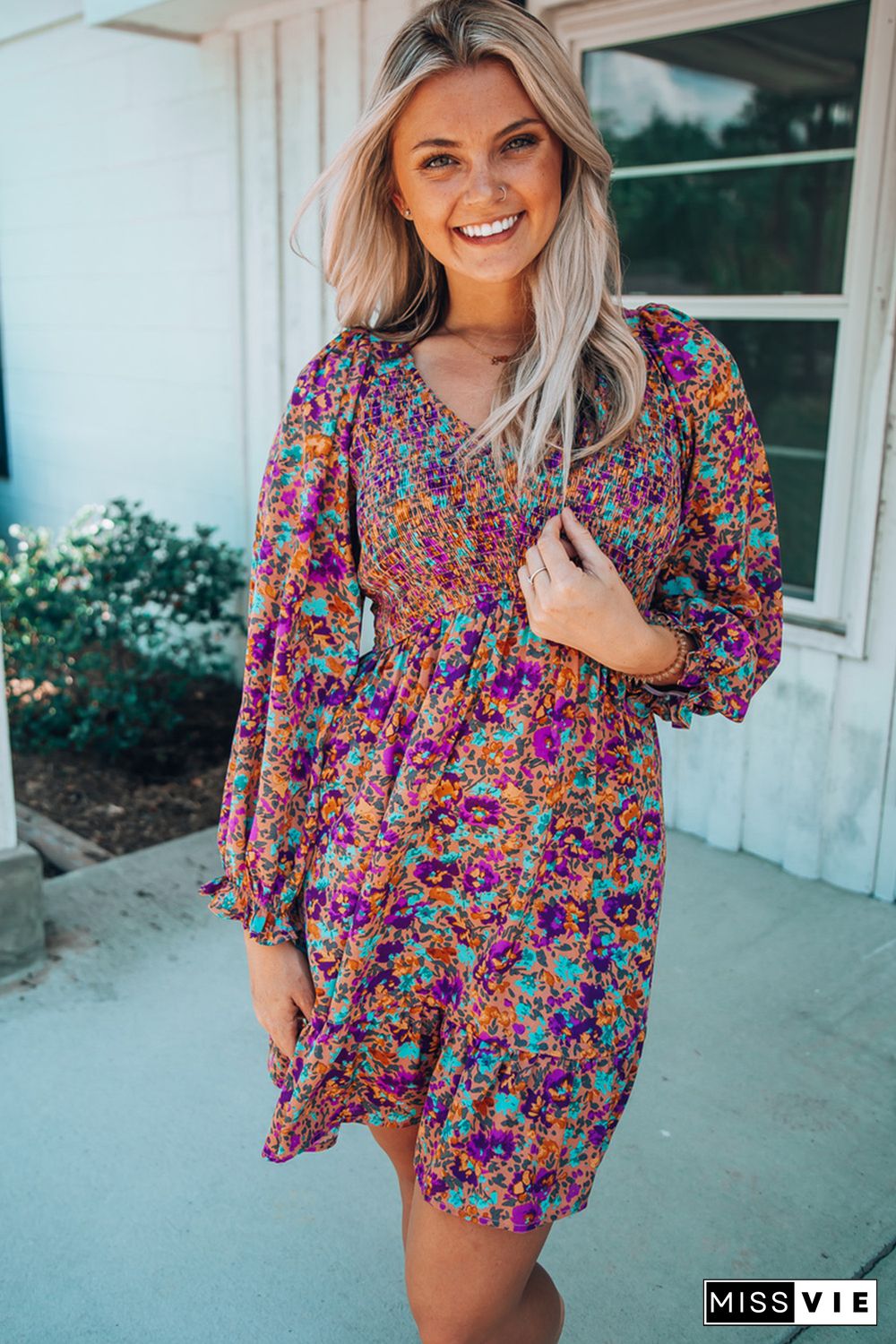 Purple Smocked V Neck Puffy Sleeve Floral Dress