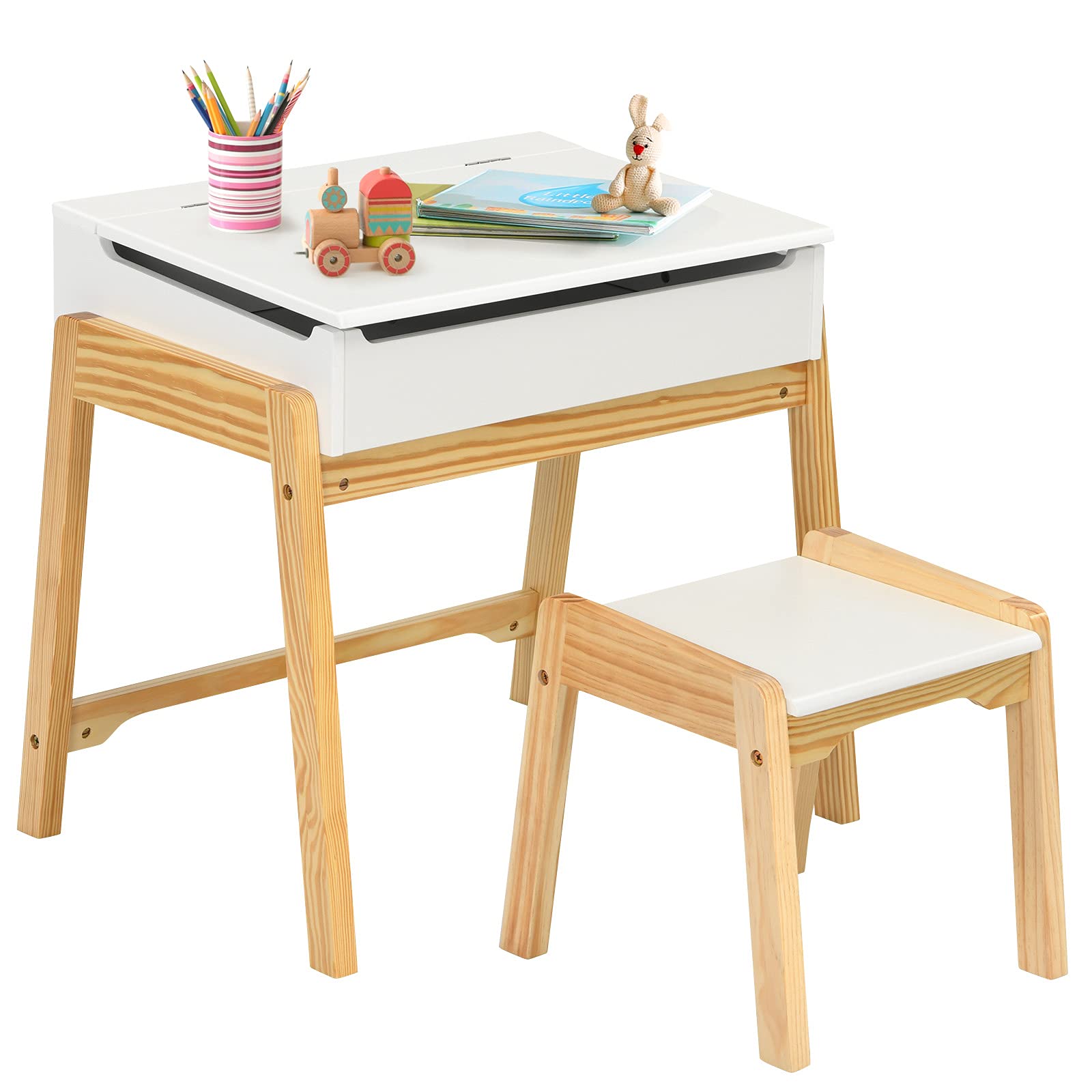 Costzon Kids Table and Chair Set, Wooden Lift-top Desk & Chair w/Storage Space