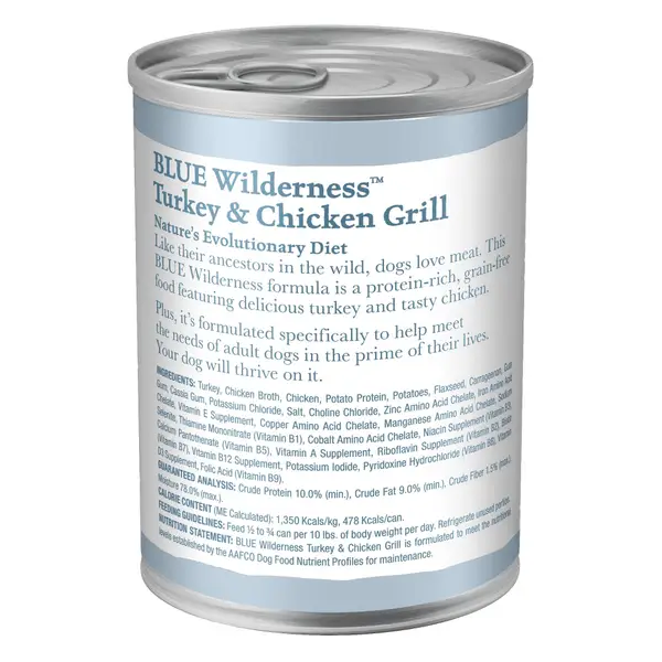 Blue Buffalo Wilderness 12.5 oz Turkey and Chicken Grill Natural Adult Wet Dog Food，