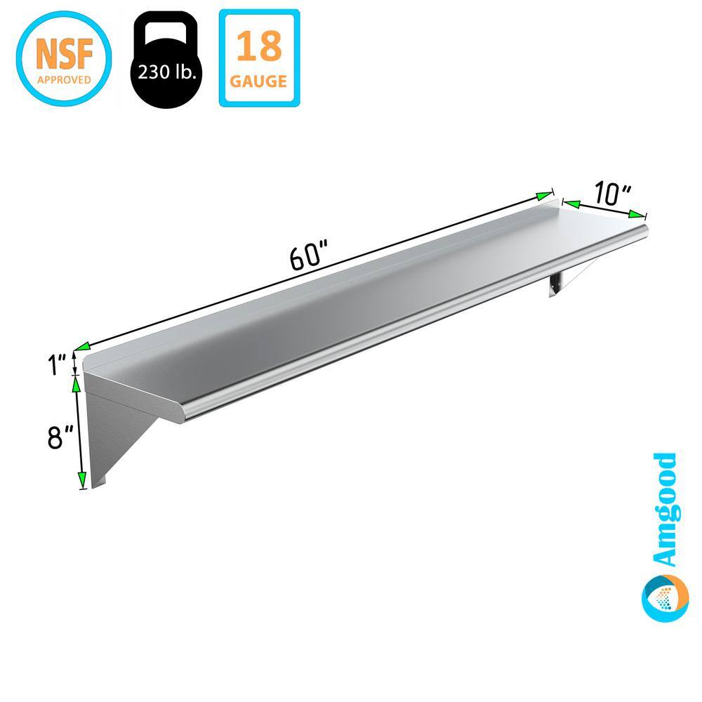 AMGOOD 10 in. x 60 in. Stainless Steel Wall Shelf. Kitchen Restaurant Garage Laundry Metal Shelf with Brackets AMG WS-1060