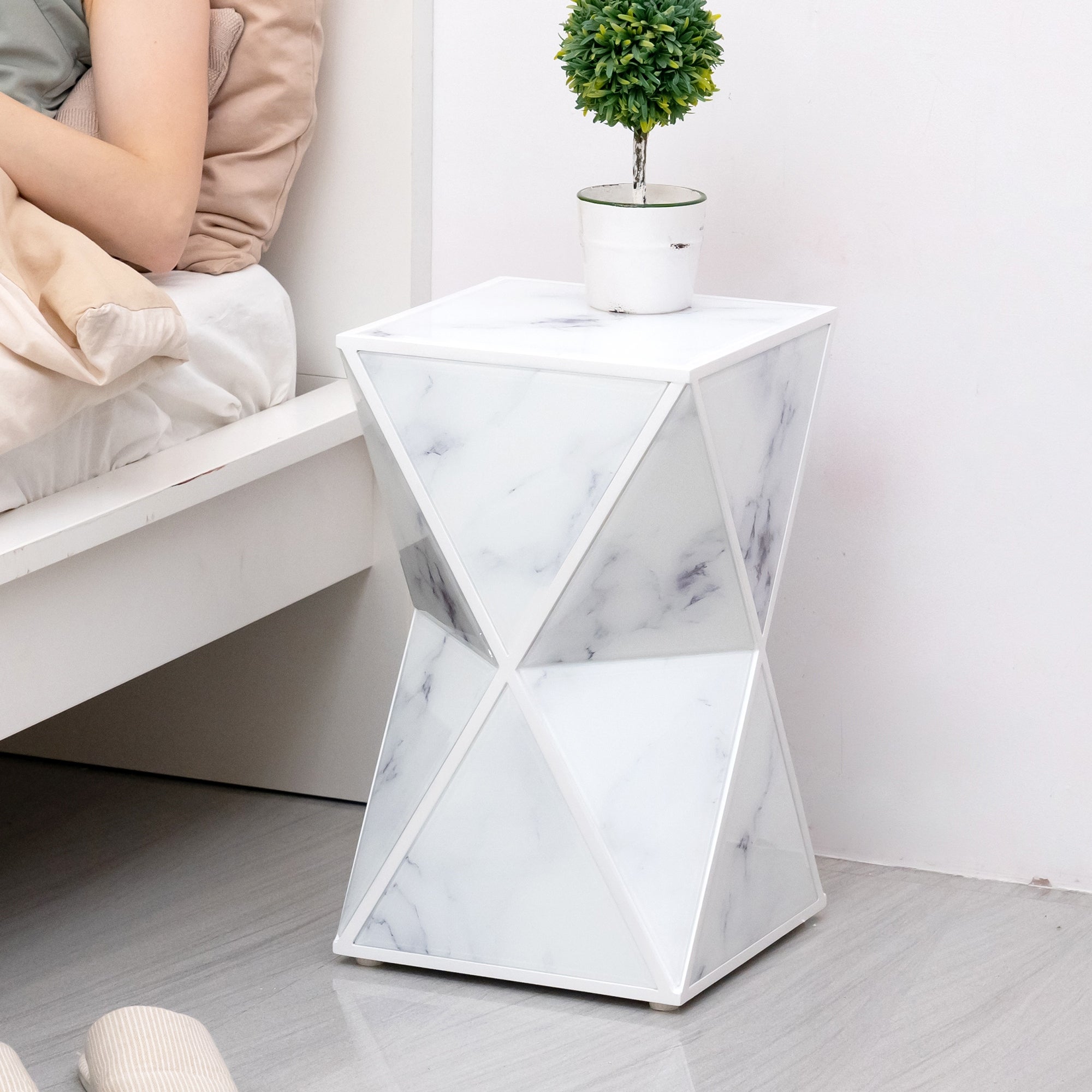 Modern End Table Luxury Marble Textured Glass and MDF Frame